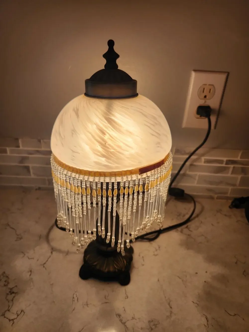 Victorian Style Boudoir Accent Lamp Glass Dome Shade Beaded Fringe